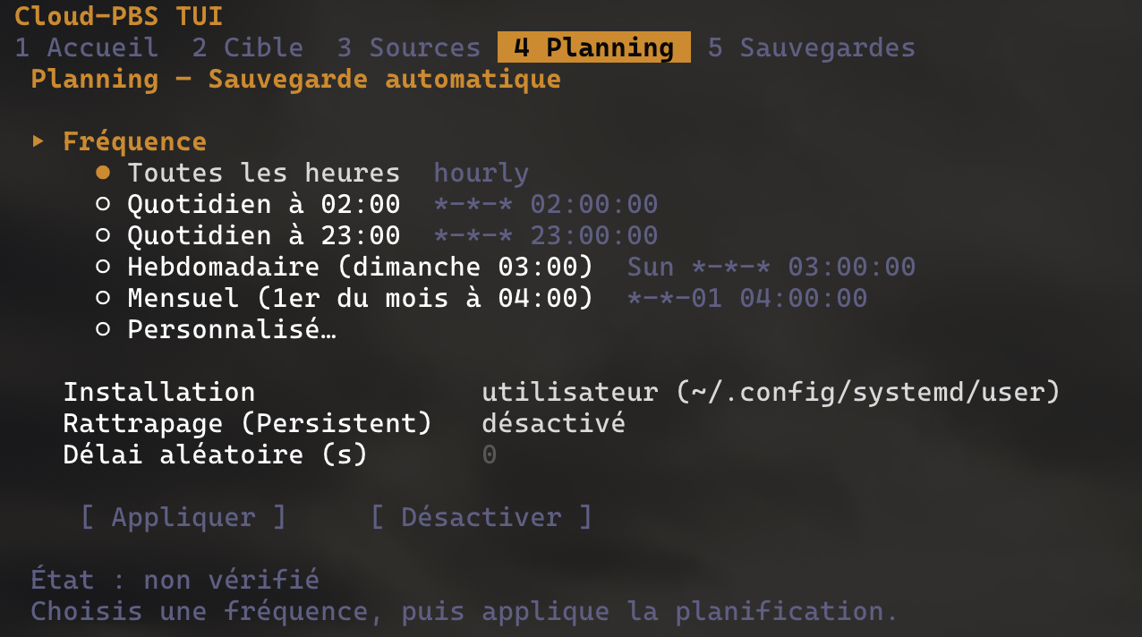 Écran Planning : choix de la fréquence des sauvegardes automatiques.
