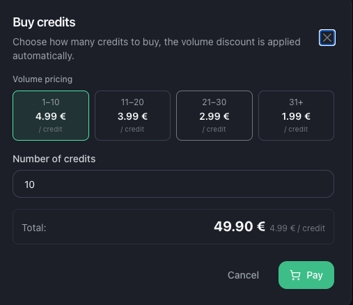 The buy credits dialog with volume tiers