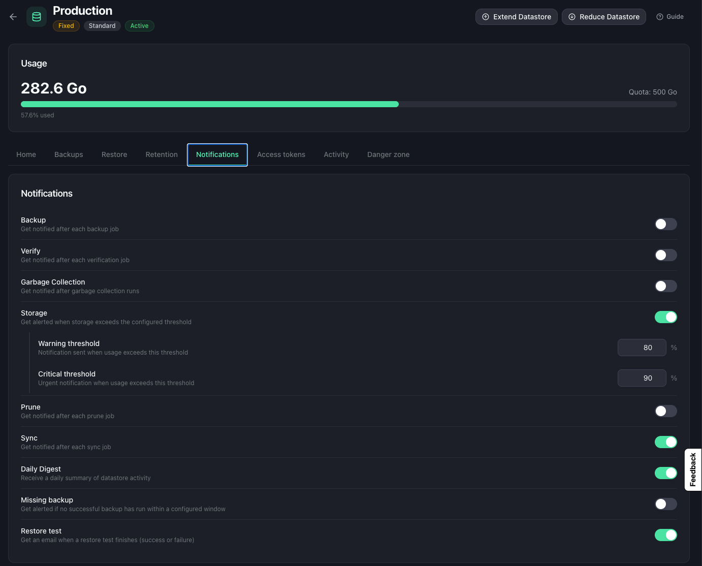 The Notifications tab of a datastore with the event toggles
