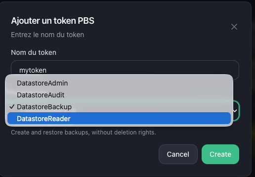 The token creation dialog with the role selector