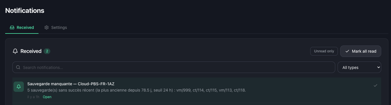 The Received tab of the notification center