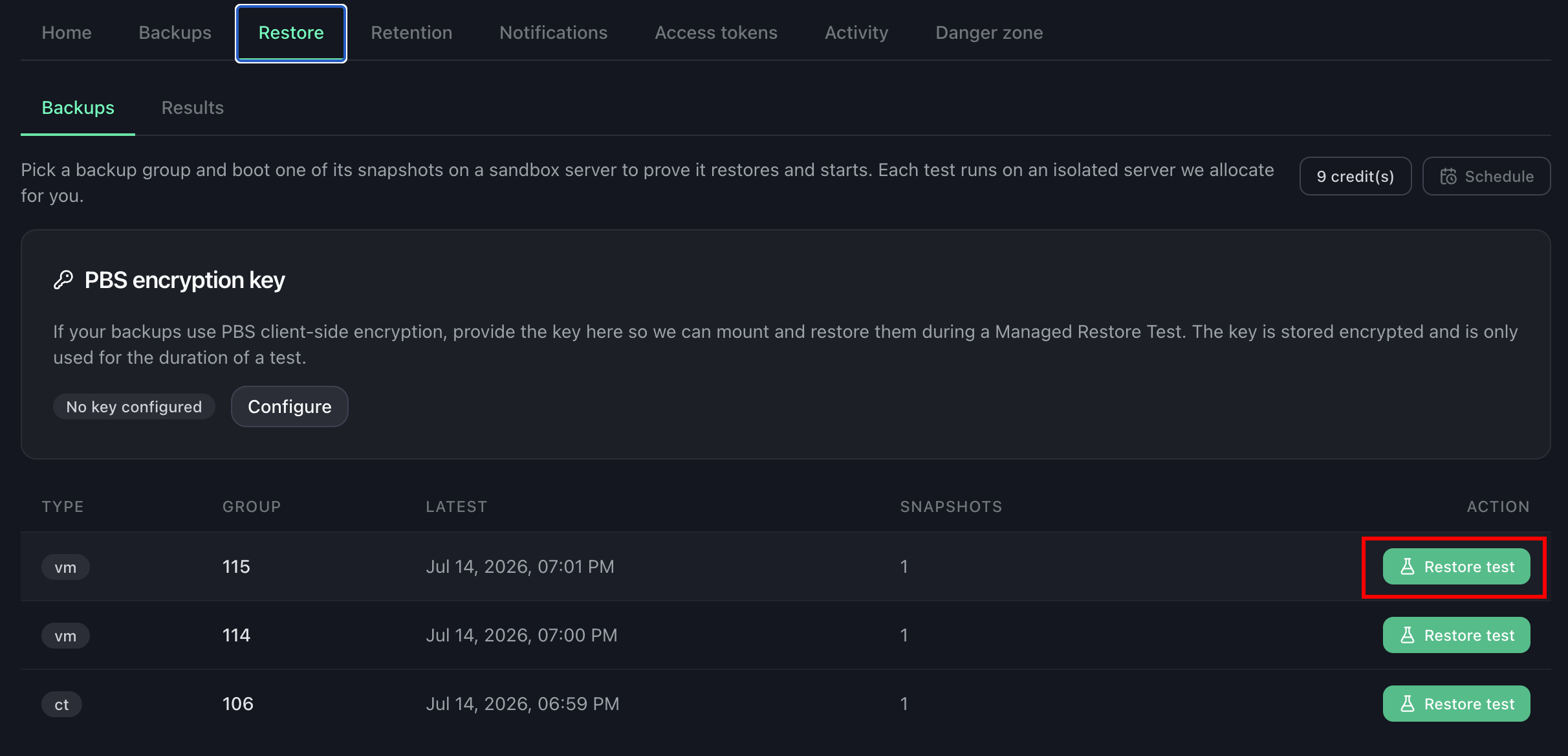Restore tab: pick a backup to test