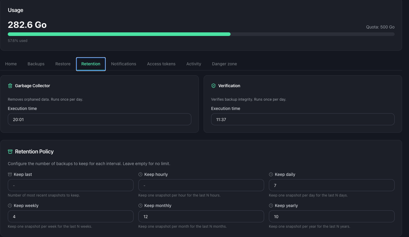 The datastore Retention tab