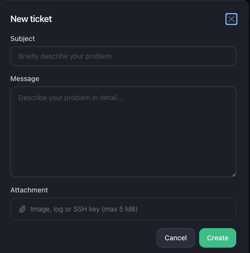 Le formulaire de nouveau ticket de support